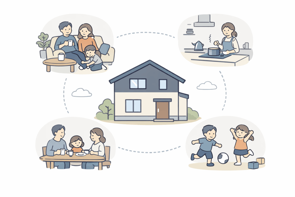 理想の暮らしをイメージする家づくりのイラスト