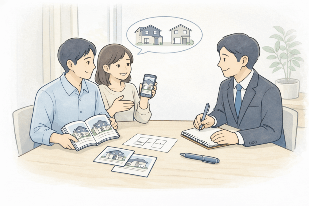 家づくりの希望を営業担当に伝える打ち合わせのイラスト